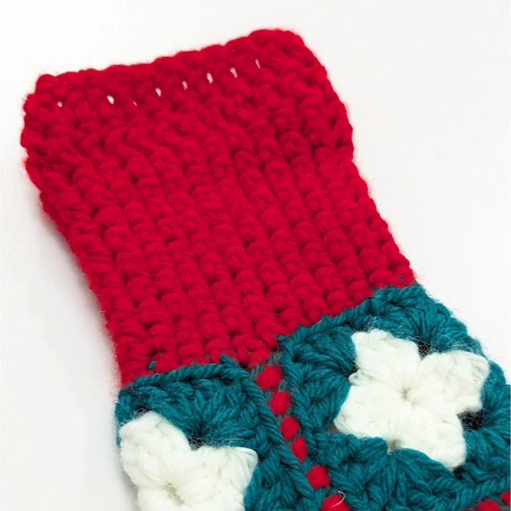 Vintage Granny Square Christmas Stocking Handmade Crochet Red Green White Yarn